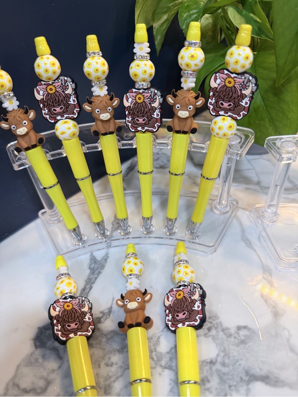 Highland Cow beaded pens with yellow sunflower and bling.